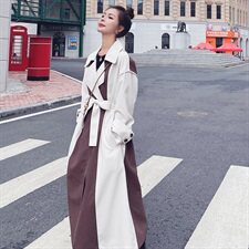 18号出货！2021春秋季撞色拼接设计感长款风衣165A-6568，女装风衣，浙宝123