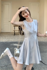 法式优雅高级感缎面连衣裙女2025夏季新款小个子掐腰超好看背心裙，女装套装/套裙，2C159