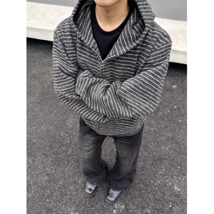 条纹连帽卫衣男款秋季高级感慵懒风开衫cleanfit情侣外套 W301图片