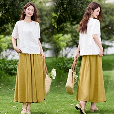 夏季新中式亚麻假日松弛感休闲宽松版盘扣纹理上衣+半裙套装女,女装套装/套裙,央宝儿, 夏季新中式亚麻假日松弛感休闲宽松版盘扣纹理上衣+半裙套装女,女装套装/套裙,央宝儿,