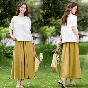 夏季新中式亚麻假日松弛感休闲宽松版盘扣纹理上衣+半裙套装女，女装套装/套裙，央宝儿