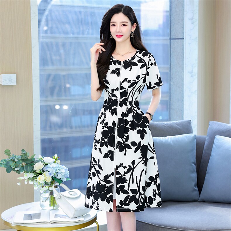 雪纺连衣裙女夏季2023新款网红爆款修身显瘦高端精致水墨印花裙子,女装连衣裙,火爆靓佳人