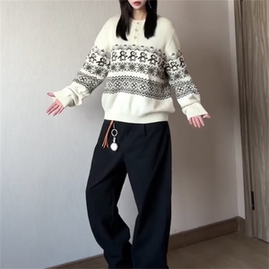 重磅秋冬装北极绒套头毛衣美式复古休闲慵懒风提花工艺针织衫外套图片