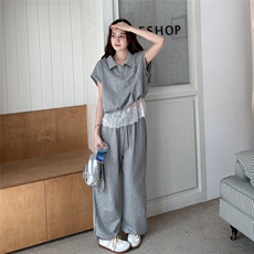 灰色休闲蕾丝拼接卫衣套装女夏季新款超火一整套减龄阔腿裤两件套，女装套装/套裙，2C258