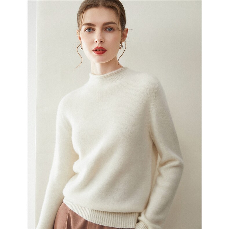 2025秋冬百搭时尚简约针织衫半高卷边羊绒衫，女装羊绒衫，米乐羊绒