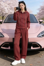 欧货慵懒风时尚套装女春季设计感纯色连帽外套休闲阔腿长裤两件套，女装套装/套裙，江南
