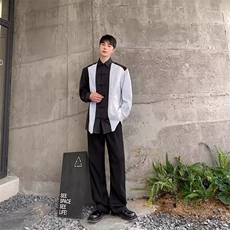 春季新款中式雅痞复古衬衫男拼接条纹翻领盘扣长袖男衬衣C198，男装衬衫，电商A345