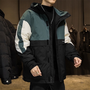 拼接款连帽潮牌短款情侣学生外套羽绒服图片