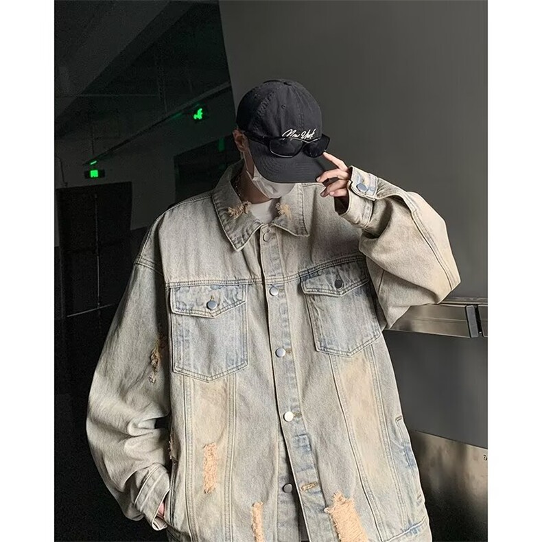 水洗做旧牛仔外套男春秋破洞美式复古痞帅休闲夹克J8836-P65,男装工装外套,星座1001-1