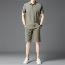 高端休闲运动套装男士夏季冰丝新款薄凉感短袖短裤俩件套百搭潮，男装牛仔裤，电商B212（原钱塘6029）