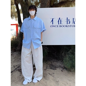蓝色衬衫短袖男生2025新款夏季宽松百搭休闲衬衣CA150-P35
