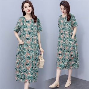 妈妈中长款连衣裙减龄花色2024夏季新款宽松大码女装遮肉显瘦裙子图片
