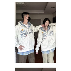 美式复古刺绣开衫连帽卫衣男女秋冬潮流情侣装休闲上衣假两件外套，女装短外套，四季星座505