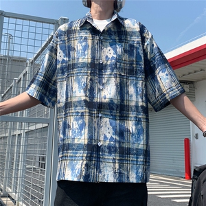 2025美式扎染印花冰丝凉感短袖五分袖格子衬衫 CS1866/特P25 蓝3图片