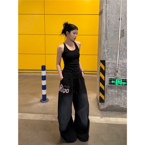 美式嘻哈运动印花休闲裤女新款街头宽松百搭阔腿卫裤潮K6708-P51图片