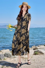 年轻妈妈夏装连衣裙2025新款中老年女装贵夫人夏季印花收腰裙子，女装连衣裙，简古