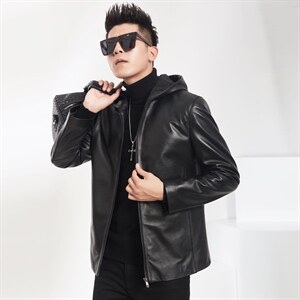 2023秋冬新款海宁皮衣男牛皮连帽外套韩版机车夹克P600，男装皮衣，电商B360