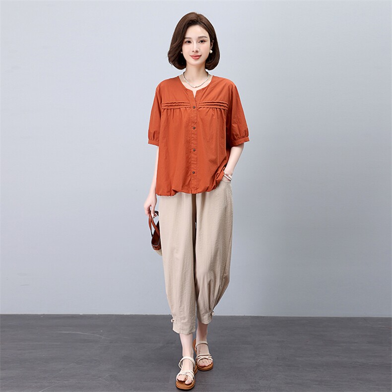 时尚套装洋气女装天丝短袖衬衫休闲裤两件套，女装套装/套裙，3200格调