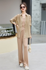 2024夏季新款欧货休闲时尚防晒天丝衬衫拖地裤三件套装女，女装套装/套裙，悠米