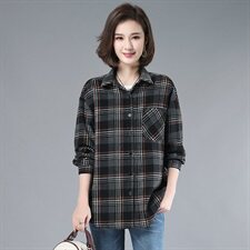 2021年春季自主图常规韩版长袖格子衬衫女磨毛衬衣外套，女装衬衫，伊满意