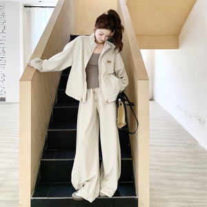 韩系休闲运动套装女2025秋季新款慵懒松弛感立领卫衣阔腿裤两件套图片