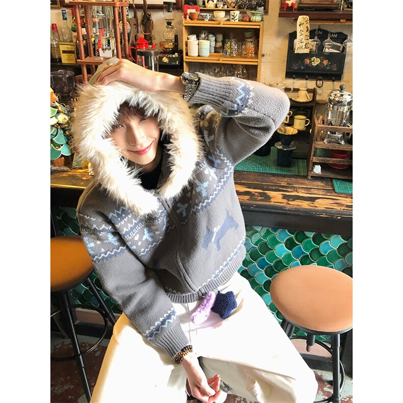 重磅北极绒座山雕毛衣外套冬美式复古休闲慵懒风大毛毛领针织开衫,男装针织衫/毛衣,电商A443