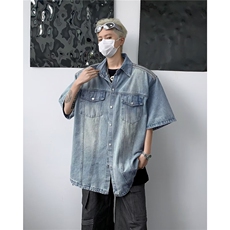 三杠垫肩牛仔衬衫男士短袖韩版潮流夏季2024新款ins外套CY811-P59，男装衬衫，星座412-2