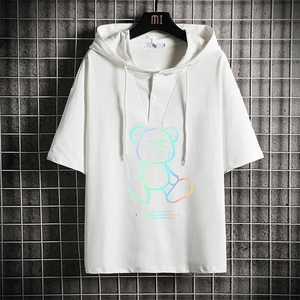 LD54139-P45 连帽短袖t恤男大码胖子带帽五分袖中袖 网格挂拍图片