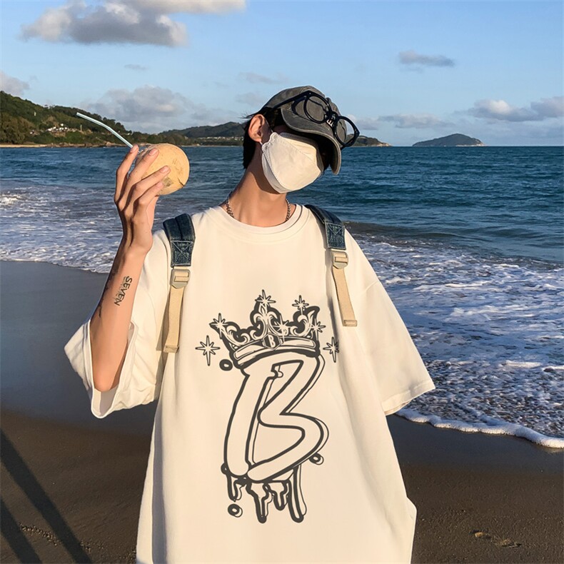港风 夏季字母图案创意印花 重磅落肩袖 短袖t恤XZ514-2-1298-P28图片