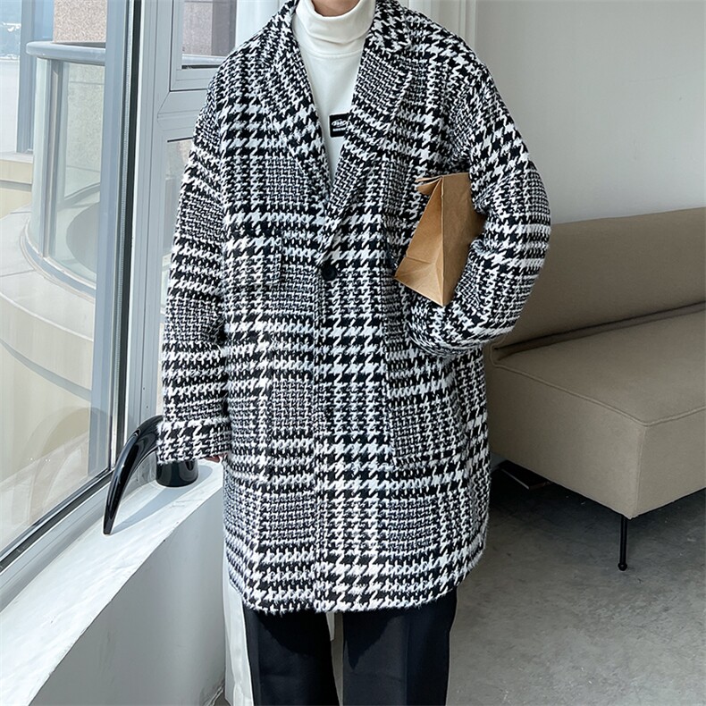 秋冬季中长款千鸟格呢料风衣男潮流大衣西装领外套A071-F05-P120，男装西服套装，电商A071