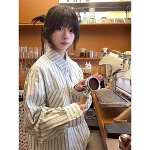 美式潮牌高街复古泡泡纱竖条纹日系肌理长袖衬衫男女休闲宽松衬衣图片