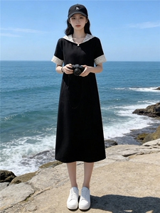 欧货时尚潮流长款连衣裙女夏新款洋气宽松蕾丝拼接连帽短袖休闲裙图片