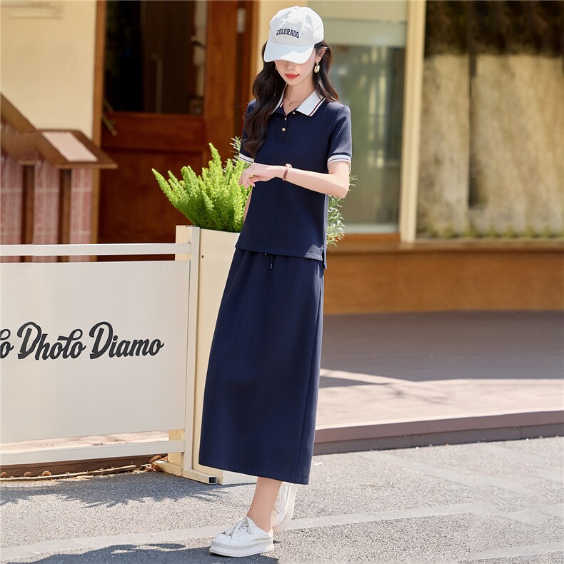 学院风翻领短袖A字半裙套装女2026夏季新款藏青色休闲质感两件套,女装套装/套裙,米莱
