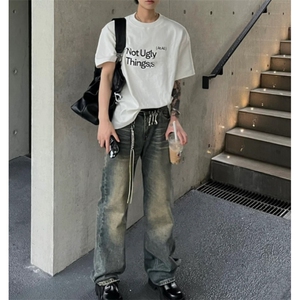 带卦绳~牛仔裤男女水洗潮牌高街vibe裤子痞帅直筒休闲长裤~H117图片