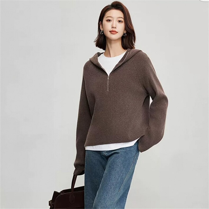 时尚女士连帽开衫羊毛纯色宽松显瘦毛衣,女装羊毛衫,泰沅羊绒