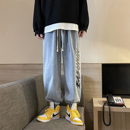 牛仔裤子男潮牌ins印花束脚老爹裤潮流宽松百搭休闲长裤NK022-P40图片