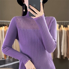 时尚半高领欧根纱拼接针织衫显瘦修身长袖毛衣女款，女装针织衫/毛衣，暖姿羊绒