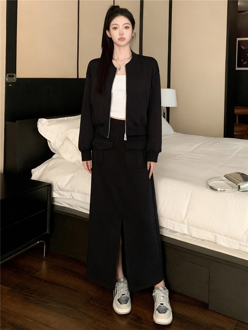 高级感时尚运动套装女秋季新款拉链开衫卫衣前开叉半身裙两件套潮,女装套装/套裙,江南