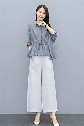时尚衬衣套装女夏2025新款夏装韩版宽松显瘦气质棉麻两件套阔腿裤，女装套装/套裙，水衣源