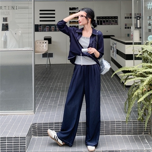 时髦松弛感牛仔蓝套装女2025秋季休闲风衬衫阔腿裤条纹背心三件套图片