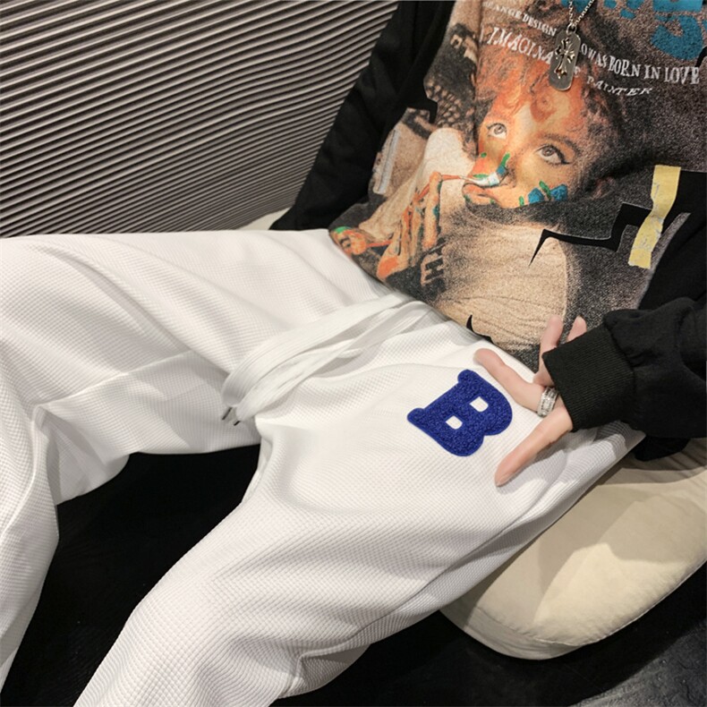 L华夫格宽松hiphop裤子直筒运动裤高街白色卫裤潮ins男K2617-P28,男装休闲裤,星座512-2