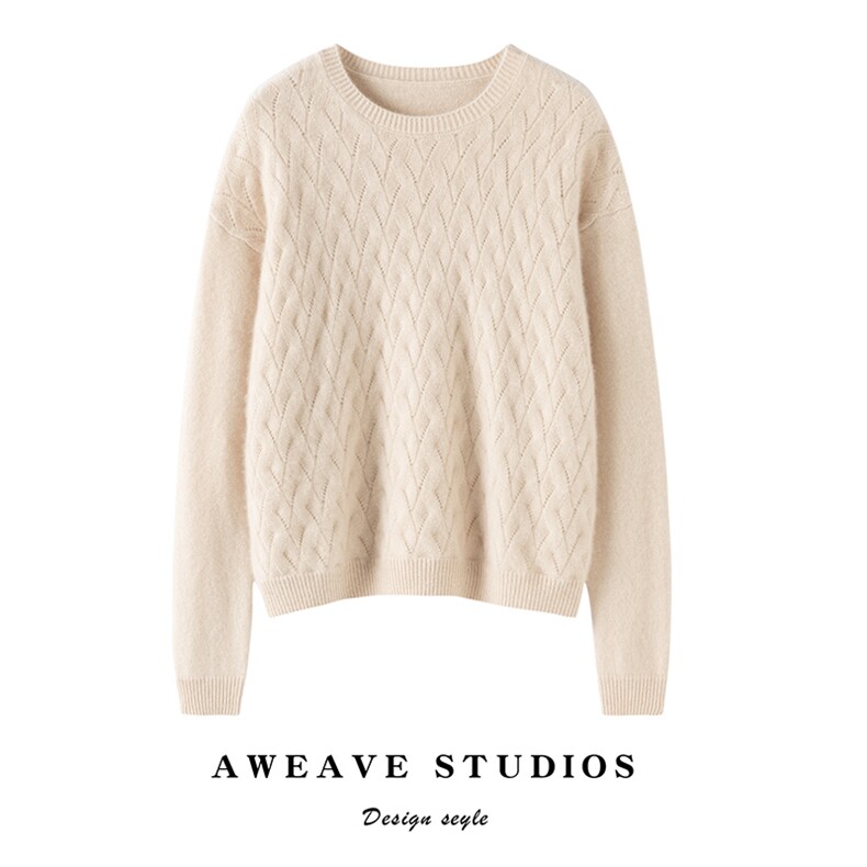 2024秋冬新款山羊绒七针圆领菱形编织羊绒衫，女装羊绒衫，咔绒特