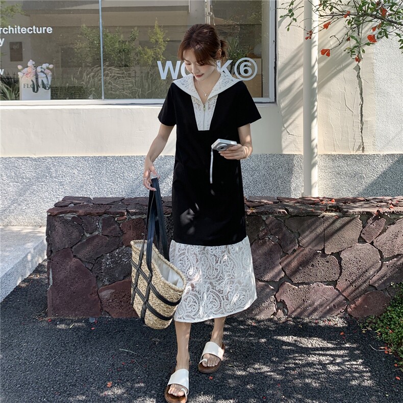 2025夏季新款淡人设计感裙摆蕾丝拼接别致拉链披肩装饰短袖连衣裙,女装连衣裙,浙宝069