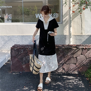 2025夏季新款淡人设计感裙摆蕾丝拼接别致拉链披肩装饰短袖连衣裙图片