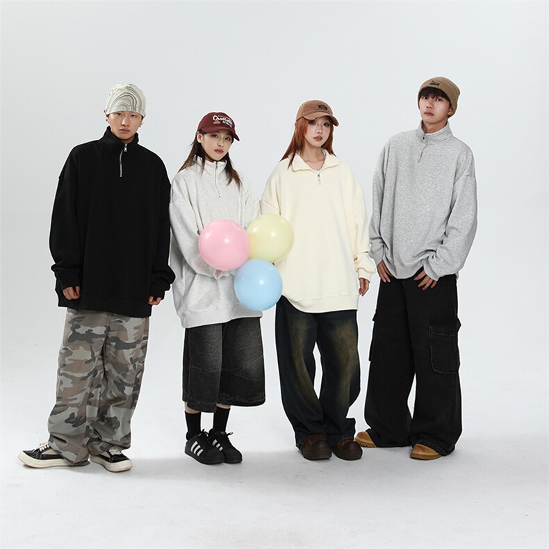 抖音得物二开25秋冬装美式全棉可翻领立领卫衣半拉链外套CM11,男装卫衣,电商A486