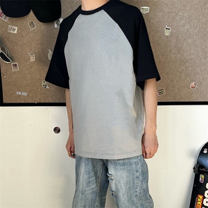 抖音得物高品质二开240克宽松纯棉美式潮牌插肩袖拼接短袖T恤图片