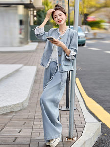 蕾丝拼接牛仔阔腿裤套装女春秋2025新款两件套独特绝美超火高级感图片