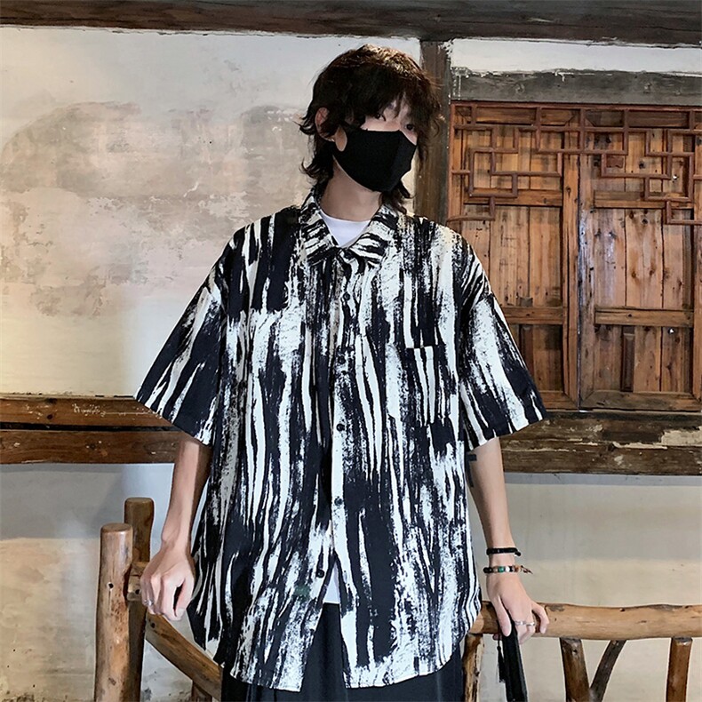 特批P25无差价夏季薄款冰丝设计感潮复古水墨画五分袖衬衫男CD891图片