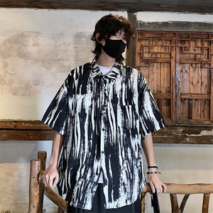 特批P25无差价夏季薄款冰丝设计感潮复古水墨画五分袖衬衫男CD891图片