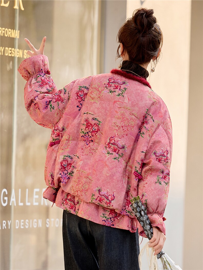 《欧货bao款现货》新中式100仁丝高档提花面料90羽绒服真水貂毛,女装羽绒服,众宇琦